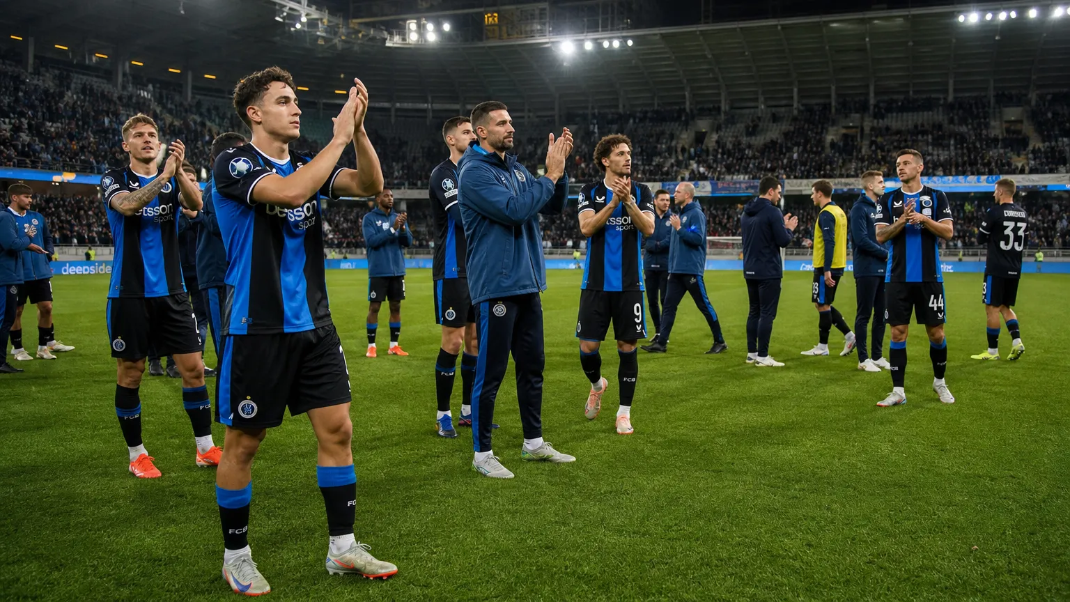 Een groep voetballers in blauw-zwarte tenues applaudisseert op het veld voor de thuistribune.