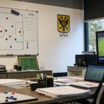 Een operationele scoutingruimte van STVV met een tactisch planbord en clubembleem.