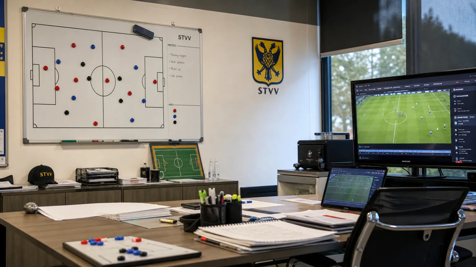 Een operationele scoutingruimte van STVV met een tactisch planbord en clubembleem.