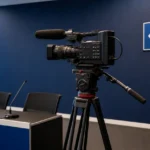Camera-opstelling in een mediaruimte met een discreet Hamburger SV-wandembleem.