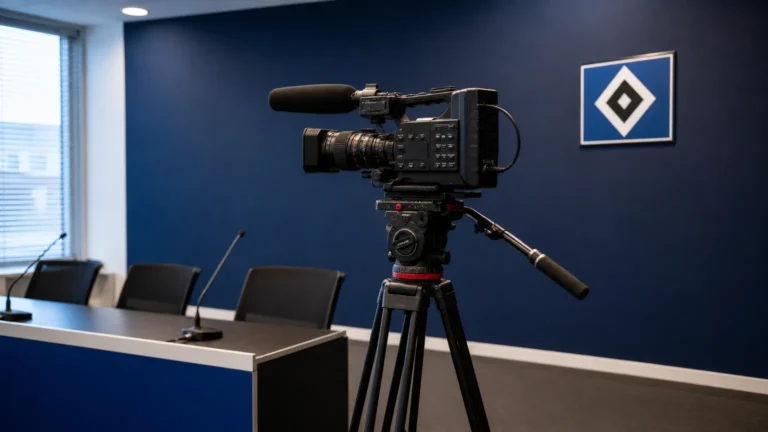Camera-opstelling in een mediaruimte met een discreet Hamburger SV-wandembleem.