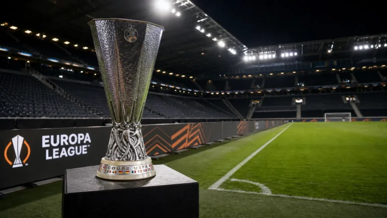 De Europa League-trofee op een podium langs een verlicht stadionveld.