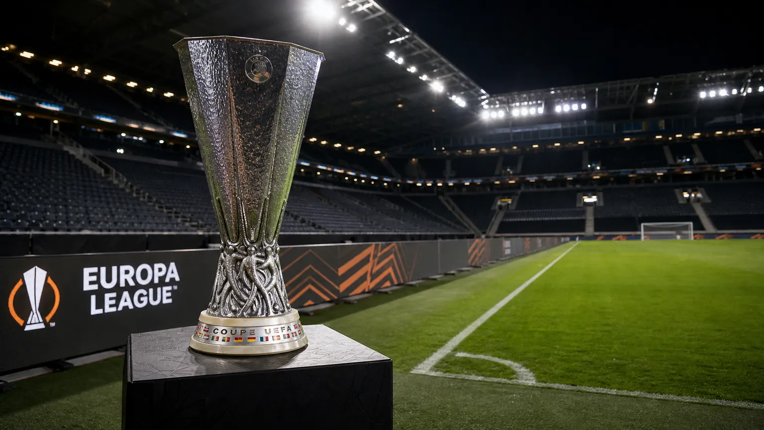 De Europa League-trofee op een podium langs een verlicht stadionveld.
