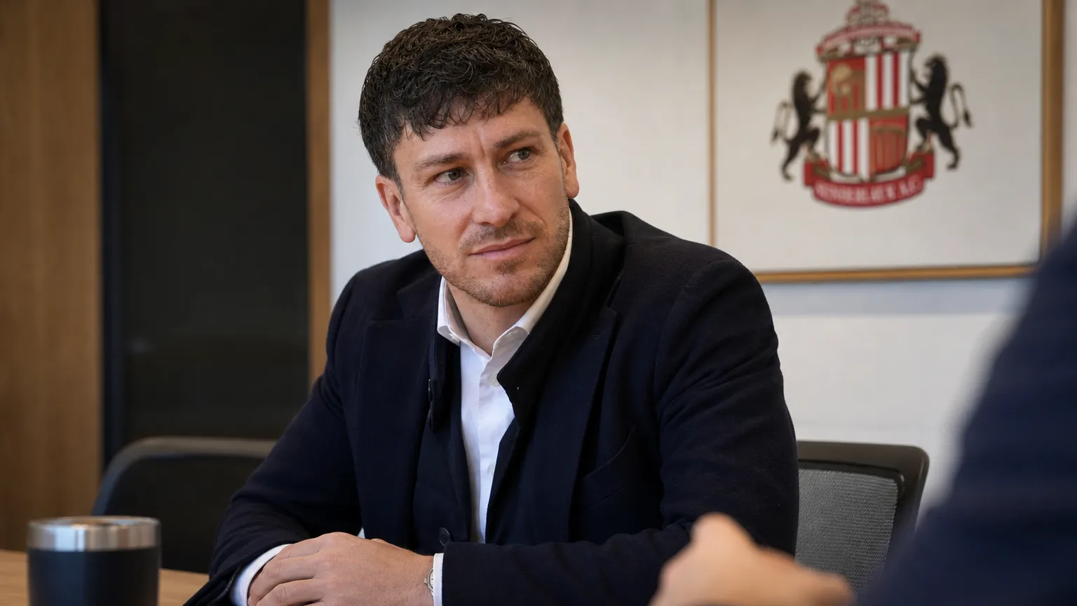 Florent Ghisolfi in een kantooromgeving van Sunderland tijdens een mediageniek moment.