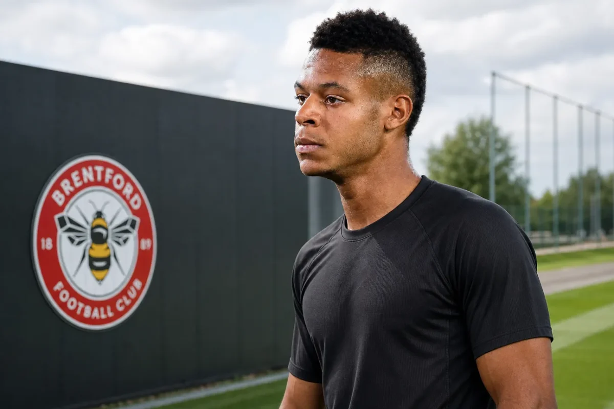Kaye Furo in een neutrale trainingstop op het trainingscomplex van Brentford, met een clubbord op de achtergrond.