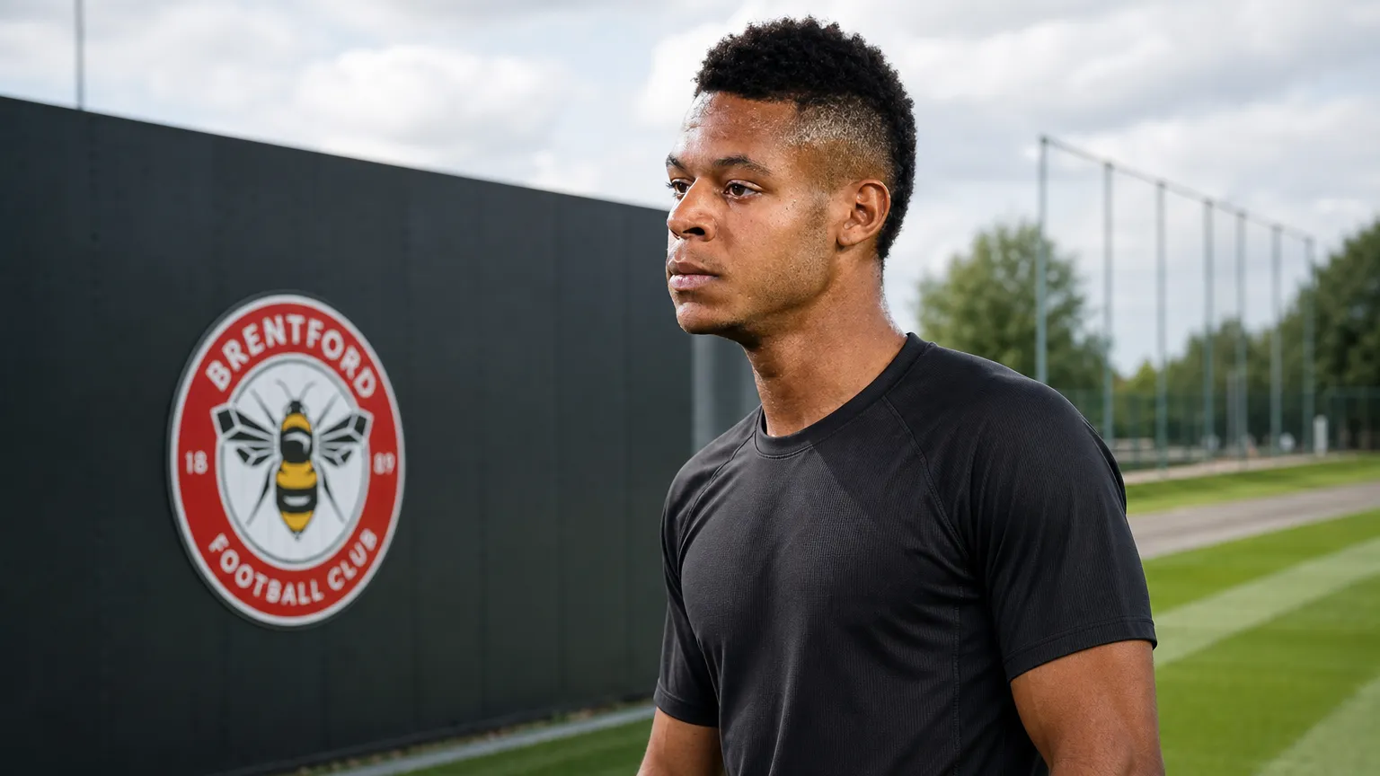 Kaye Furo in een neutrale trainingstop op het trainingscomplex van Brentford, met een clubbord op de achtergrond.