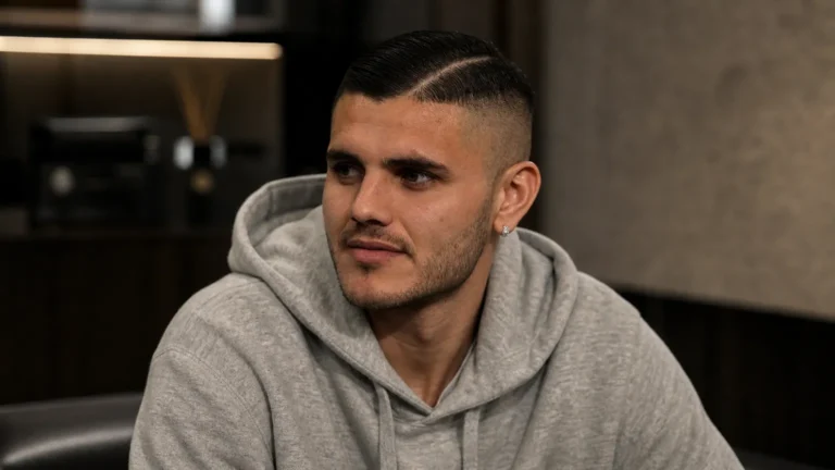 Mauro Icardi tijdens een rustig portretmoment in een neutrale binnenruimte.
