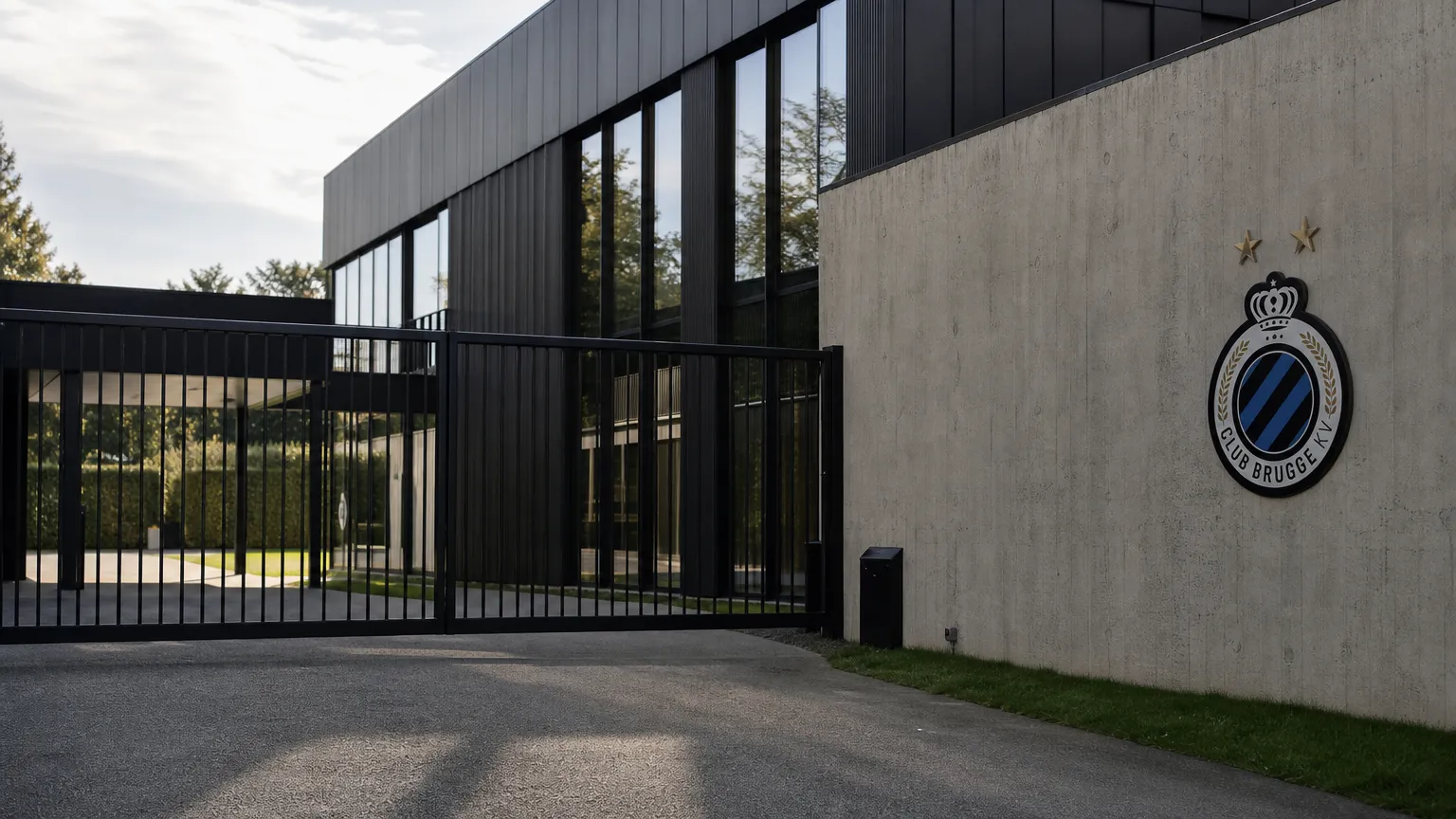 Ingang van het trainingscomplex van Club NXT met een discreet Club Brugge-clubanker