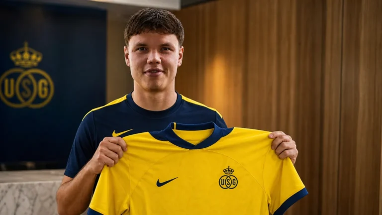 Dennis Engel toont tijdens een officiële clubpresentatie een shirt van Union SG.