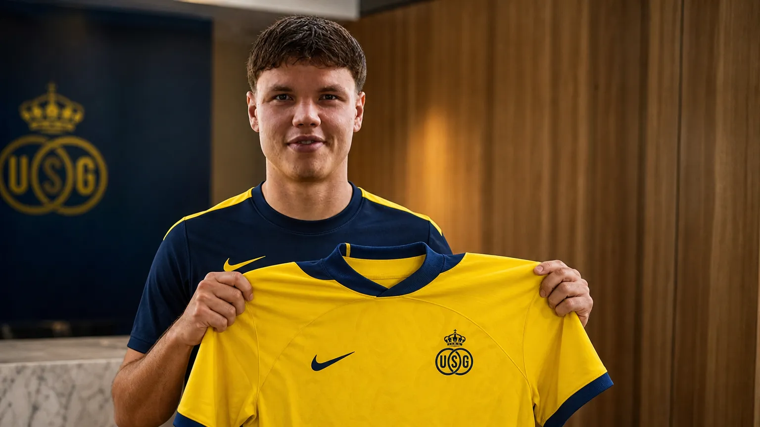 Dennis Engel toont tijdens een officiƫle clubpresentatie een shirt van Union SG.