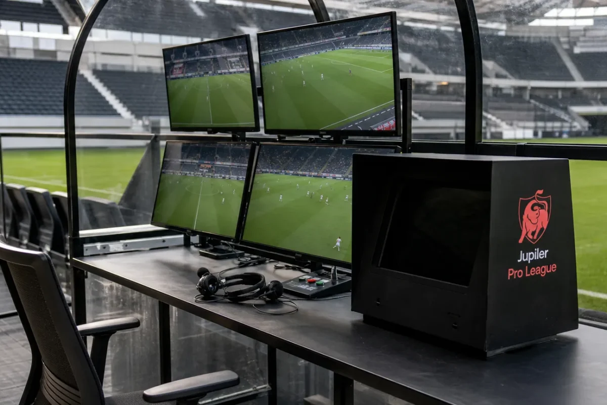 Een lege VAR-werkplek met wedstrijdmonitoren in een stadion van de Jupiler Pro League.