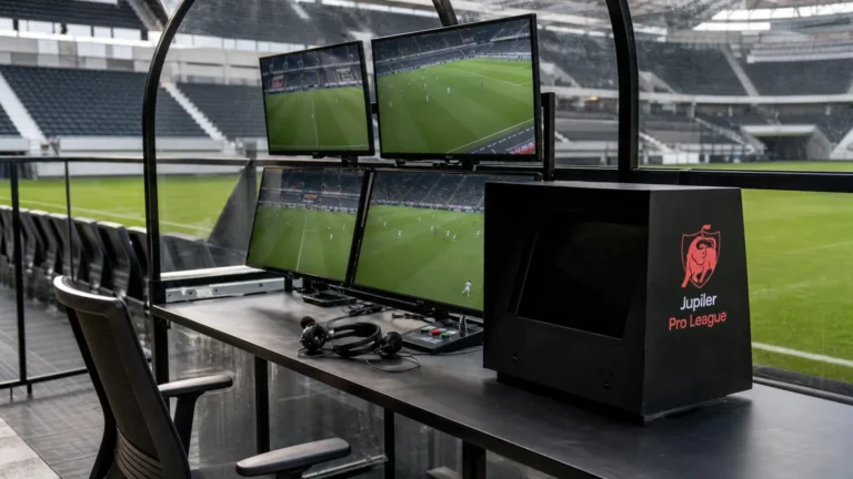 Een lege VAR-werkplek met wedstrijdmonitoren in een stadion van de Jupiler Pro League.