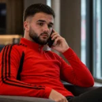 Nicolas Raskin voert een telefoongesprek in een stadionlounge.