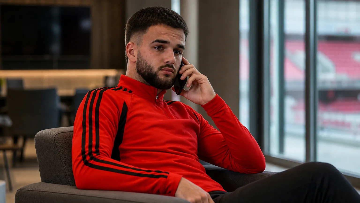 Nicolas Raskin voert een telefoongesprek in een stadionlounge.