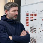 Mark van Bommel bekijkt een wedstrijdschema in een ruimte van de Rode Duivels.
