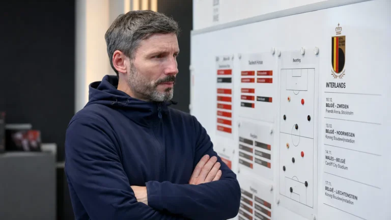 Mark van Bommel bekijkt een wedstrijdschema in een ruimte van de Rode Duivels.