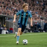 Bo Hegland in een blauw-zwart gestreept wedstrijdtenue tijdens een voetbalwedstrijd.