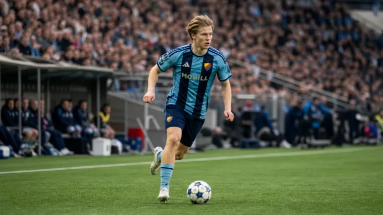 Bo Hegland in een blauw-zwart gestreept wedstrijdtenue tijdens een voetbalwedstrijd.