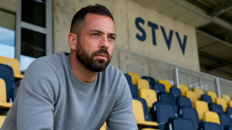 Steven Defour op de hoofdtribune van een stadion met een STVV-verwijzing op de tribunegevel.