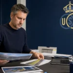 Een medewerker in een clubmediawerkruimte met een discreet Union Saint-Gilloise-wanddetail.