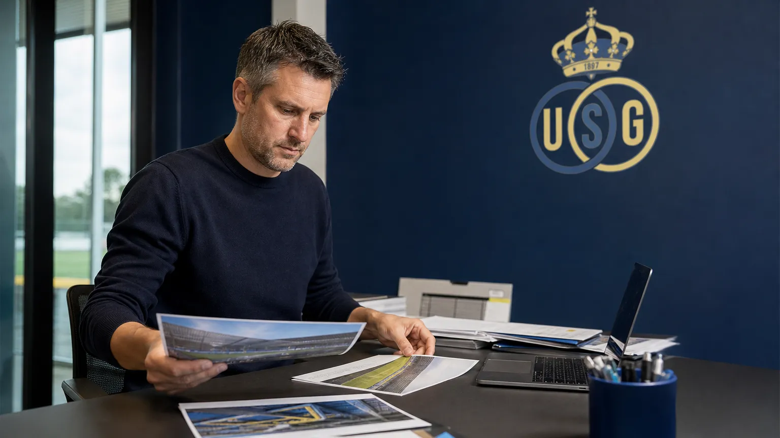 Een medewerker in een clubmediawerkruimte met een discreet Union Saint-Gilloise-wanddetail.