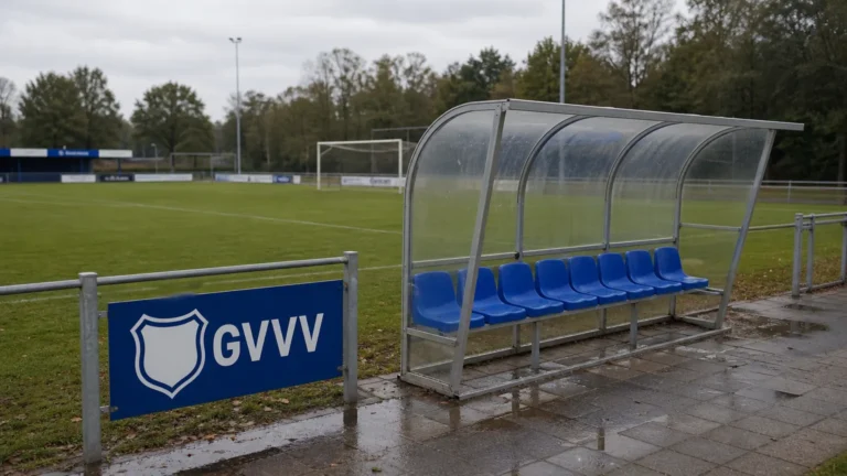 Een lege technische zone langs een amateurvoetbalveld met een vast GVVV-clubbord.