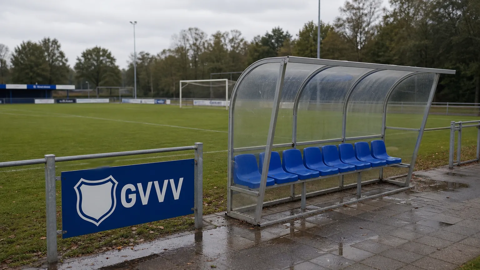 Een lege technische zone langs een amateurvoetbalveld met een vast GVVV-clubbord.