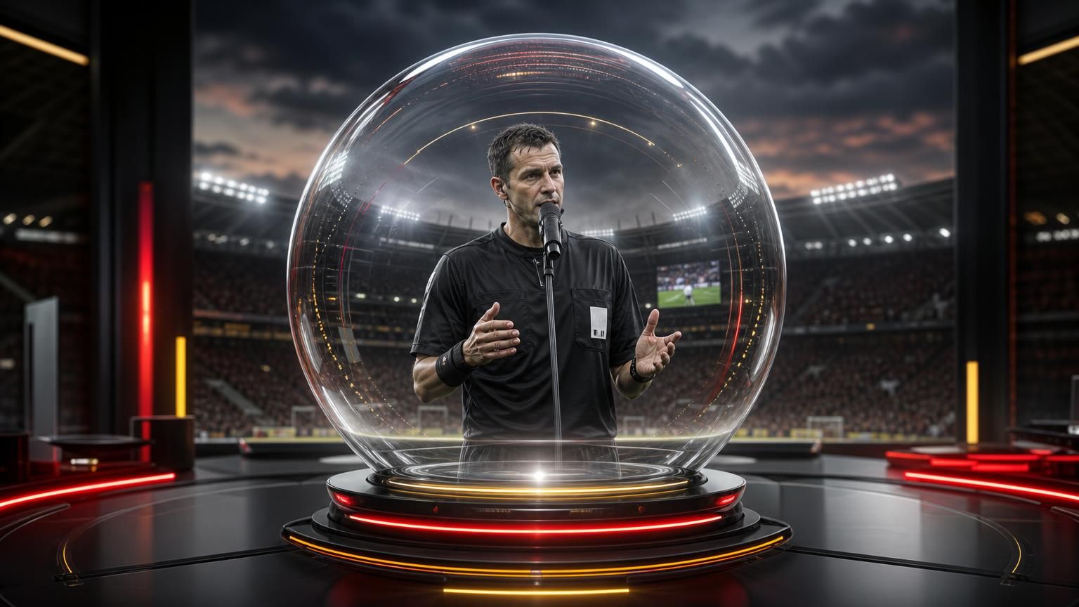 Scheidsrechter bij een grote glazen bol die een VAR-beslissing symbolisch aan het stadion uitlegt