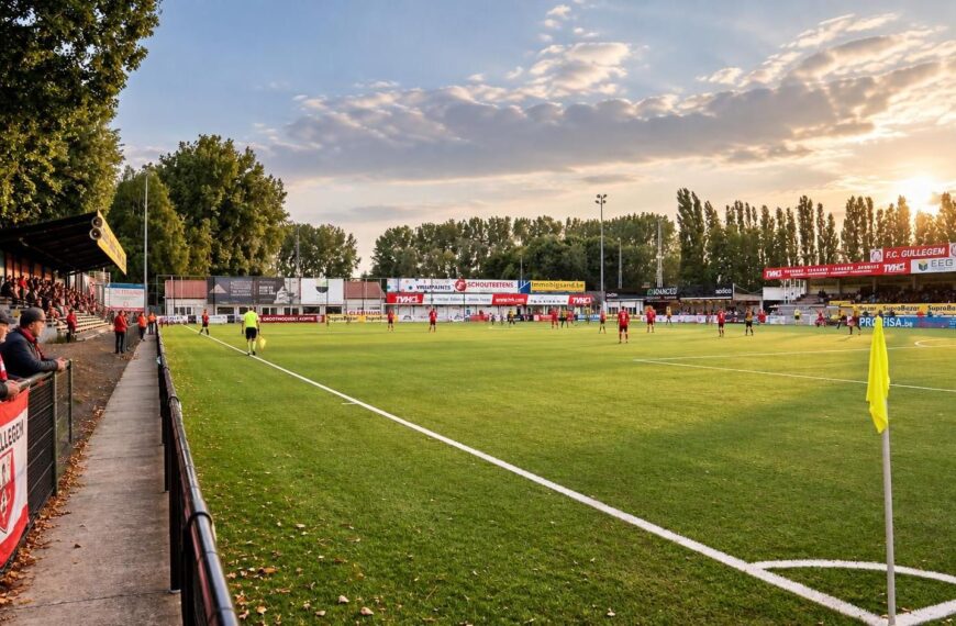 FC Gullegem in het rood en wit bij het compacte Poezelhoek Stadion, met speelveld en hoofdtribune als herkenbare dorpssetting.