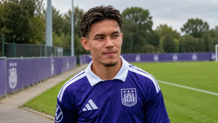Enzo Sternal in een paars voetbalshirt aan de rand van een groen veld.