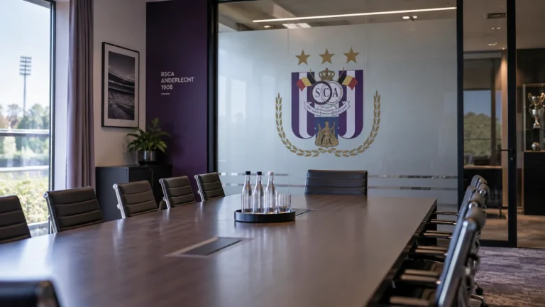 Lege vergaderzaal van Anderlecht met het clubembleem op een glazen wand.