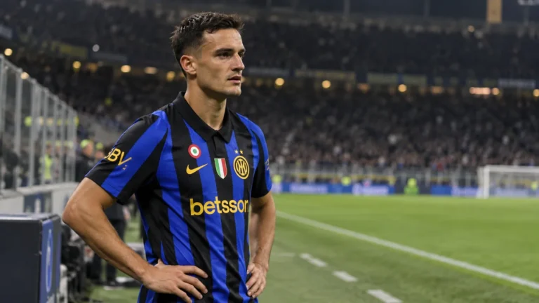 Een Inter-middenvelder in blauw-zwart tenue staat na de wedstrijd op het veld.
