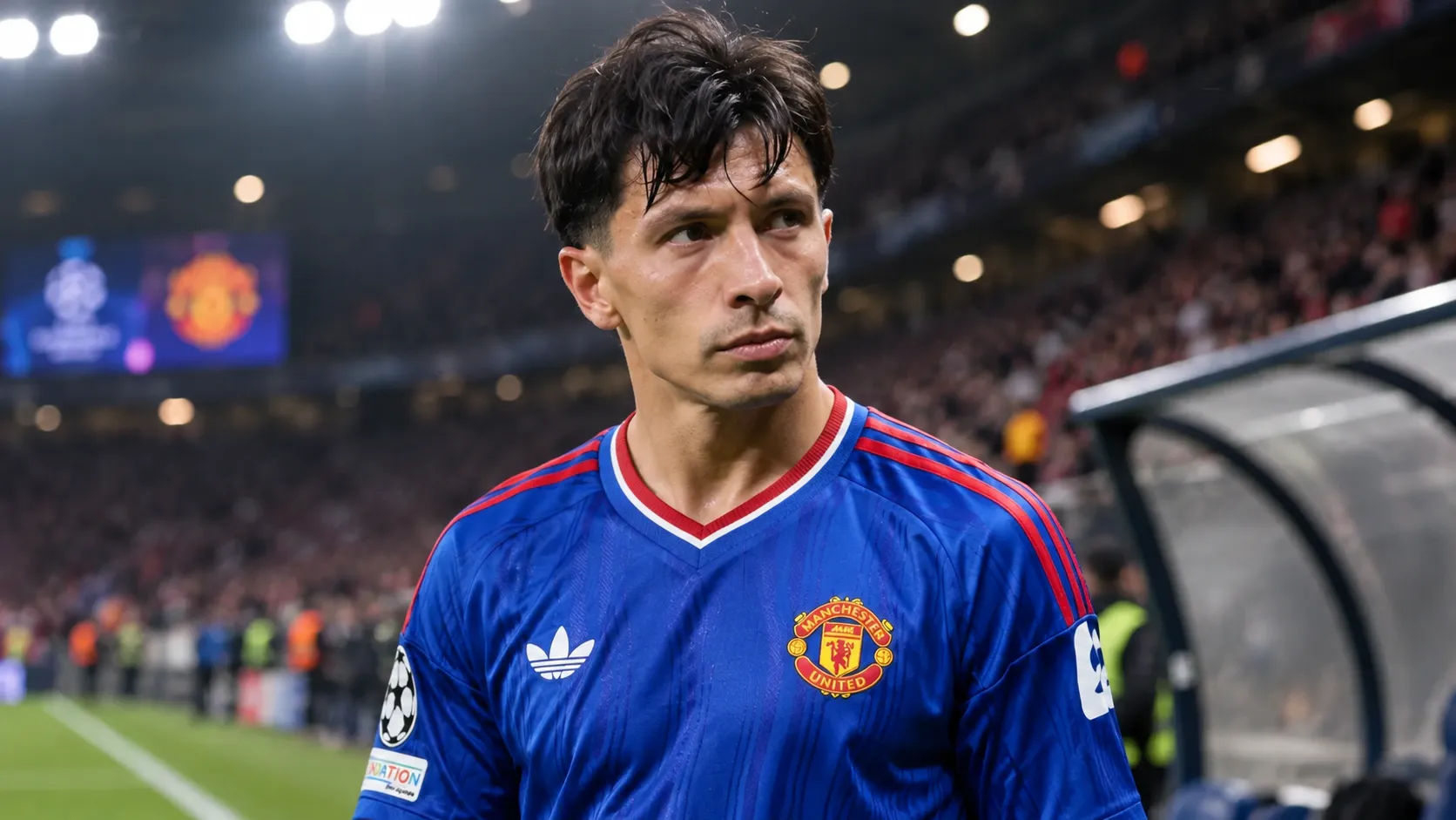 Lisandro Martínez in het blauwe shirt van Manchester United aan de zijlijn van een stadion.
