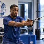 Michel-Ange Balikwisha traint na afloop in de fitnessruimte van KAA Gent.