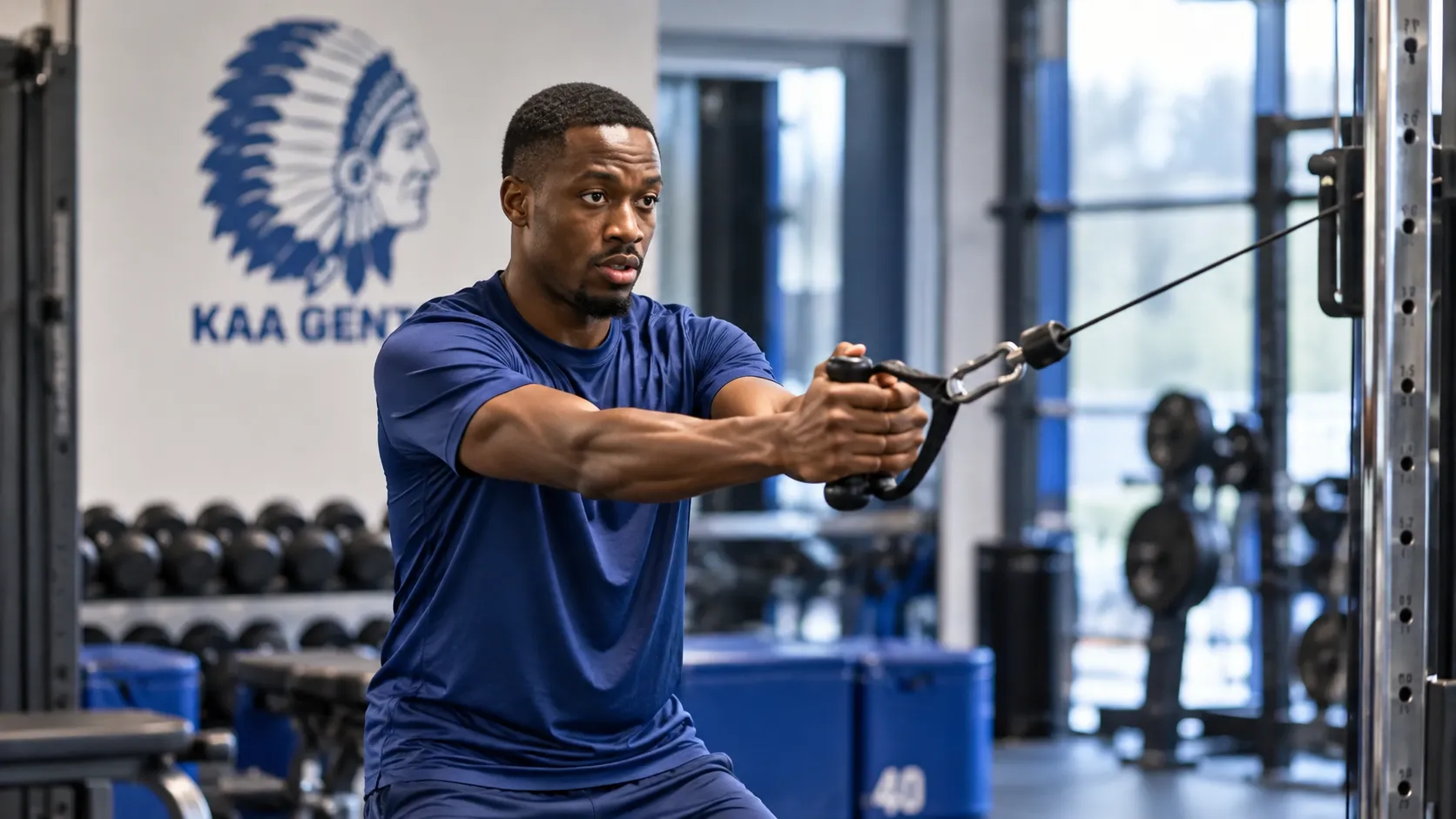 Michel-Ange Balikwisha traint na afloop in de fitnessruimte van KAA Gent.