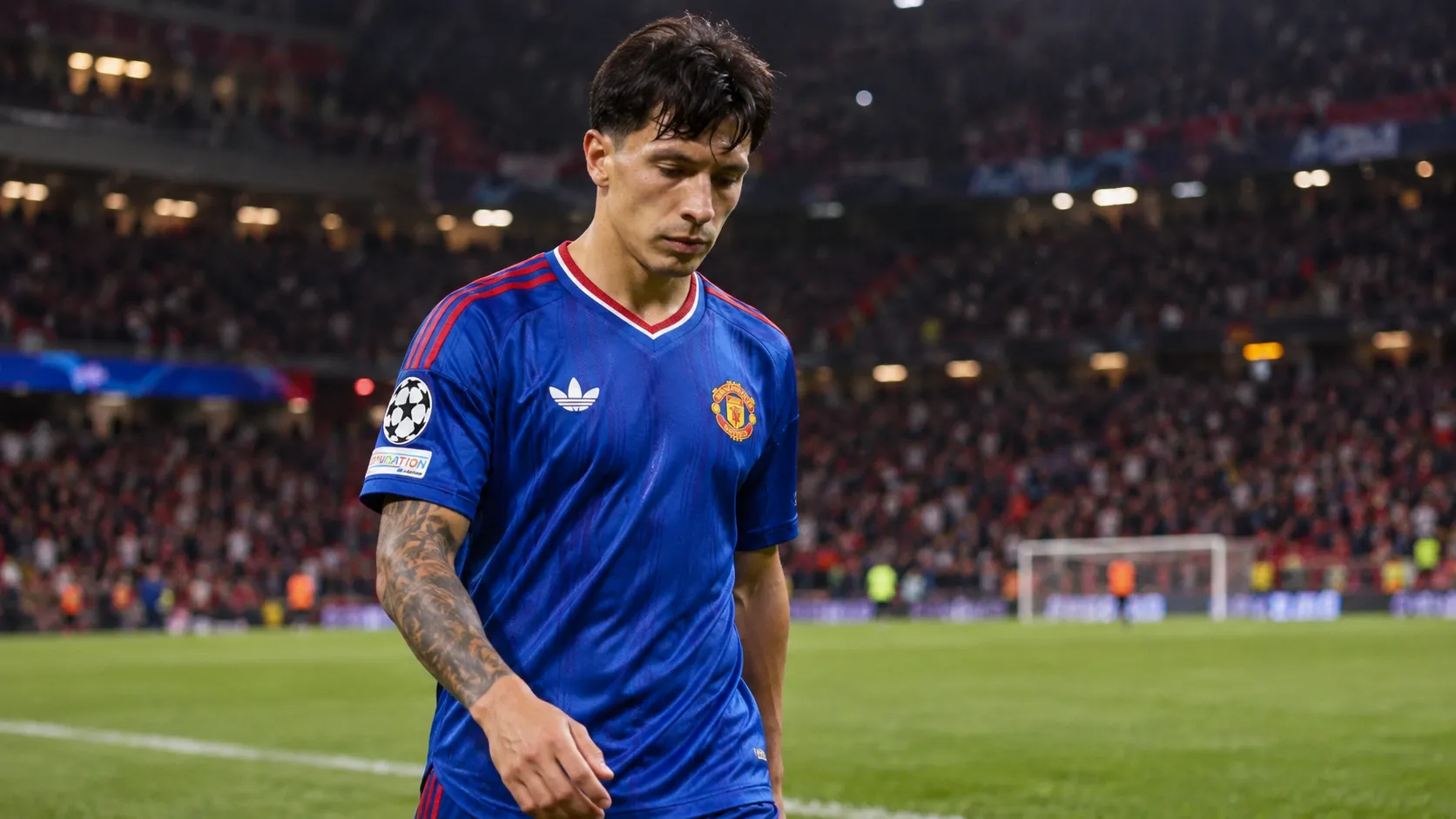 Lisandro Martínez in het blauwe shirt van Manchester United op het veld na een wedstrijd.