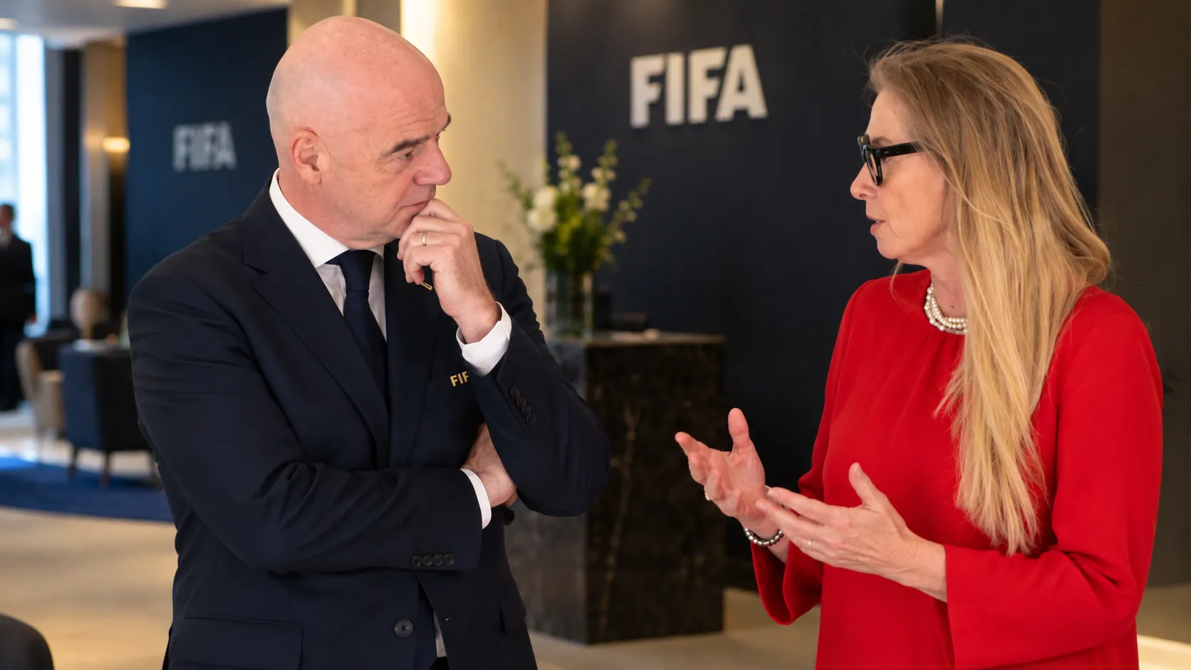 Twee FIFA-officials in gesprek in een formele vergaderruimte.