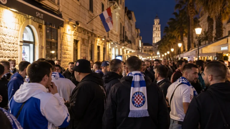 Een groep Hajduk Split-supporters met blauw-witte sjaals in het centrum van Split.