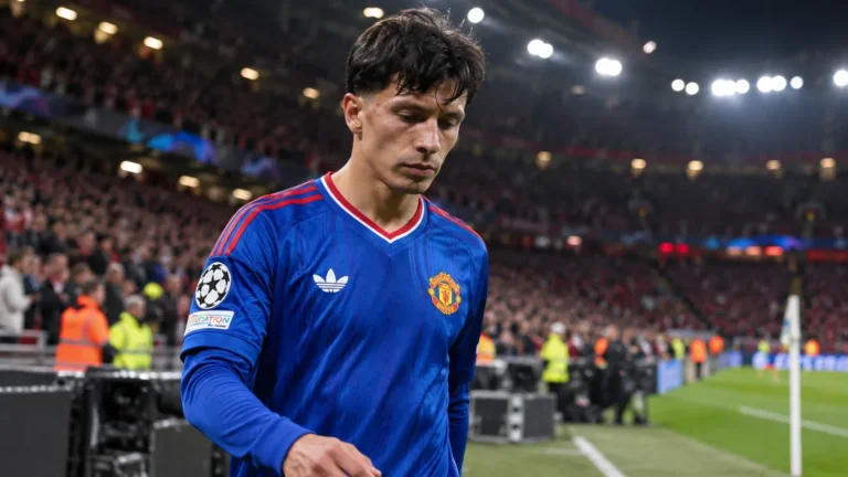 Een Manchester United-speler in blauw wedstrijdtenue na een wedstrijd.