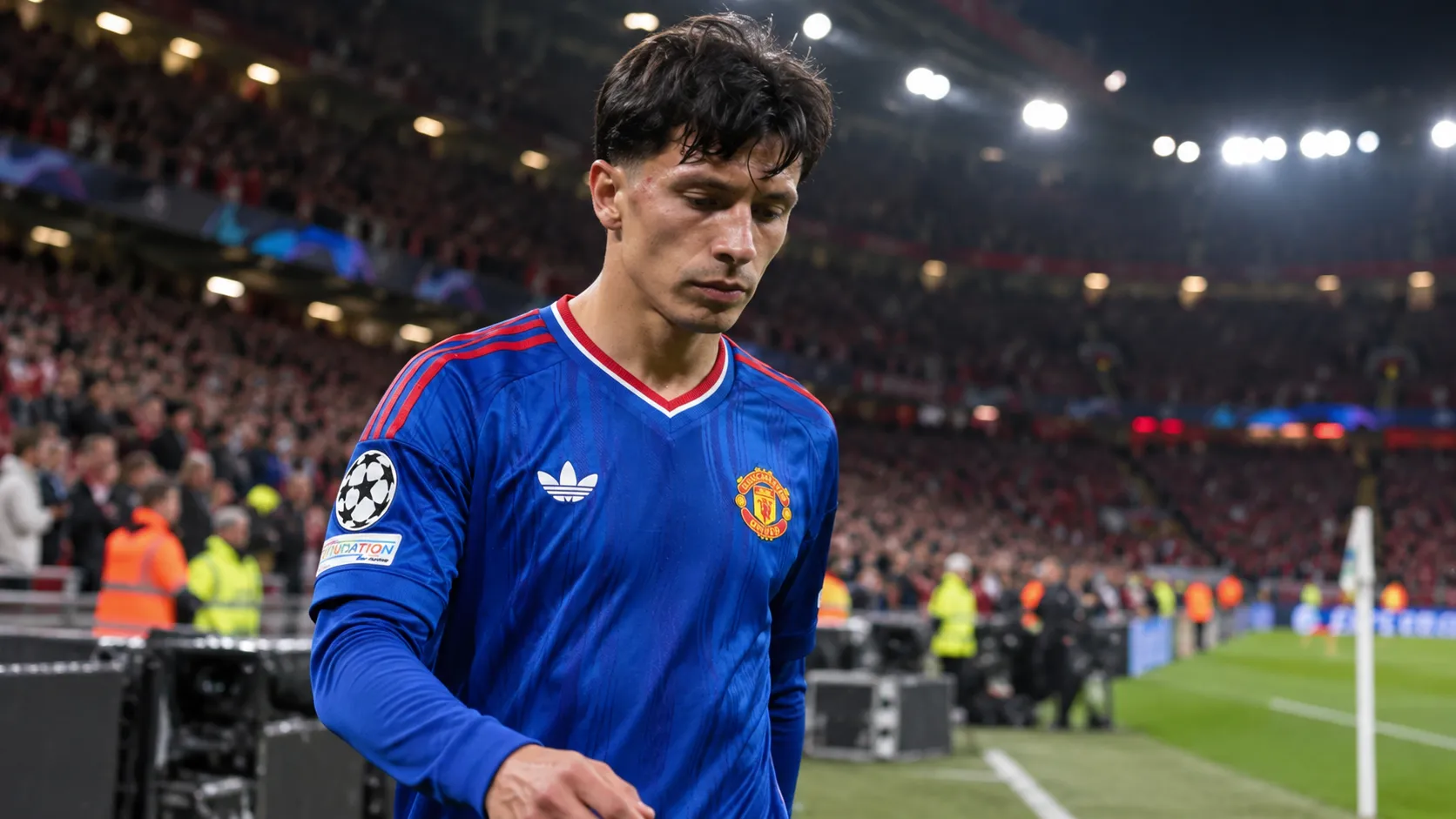 Een Manchester United-speler in blauw wedstrijdtenue na een wedstrijd.