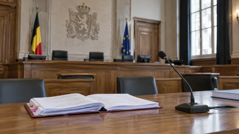 Een lege zittingszaal met een dossier en microfoon voor een procedurele behandeling.