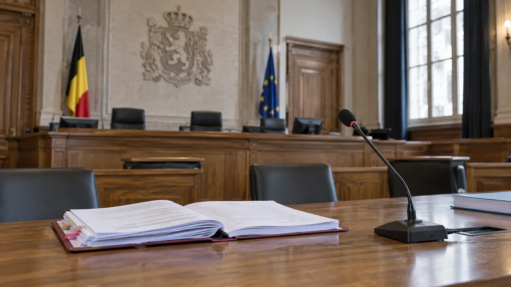Een lege zittingszaal met een dossier en microfoon voor een procedurele behandeling.