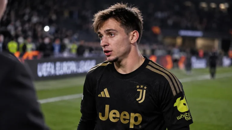 Francisco Conceição in een zwart Juventus-shirt tijdens een interview aan de zijlijn na de wedstrijd.
