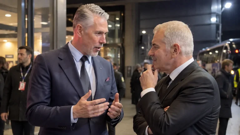 Twee voetbalbestuurders in donkere pakken in gesprek bij een stadioningang.