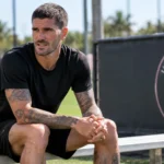 Rodrigo De Paul zit na een training alleen op een bankje naast het trainingsveld van Inter Miami FC.