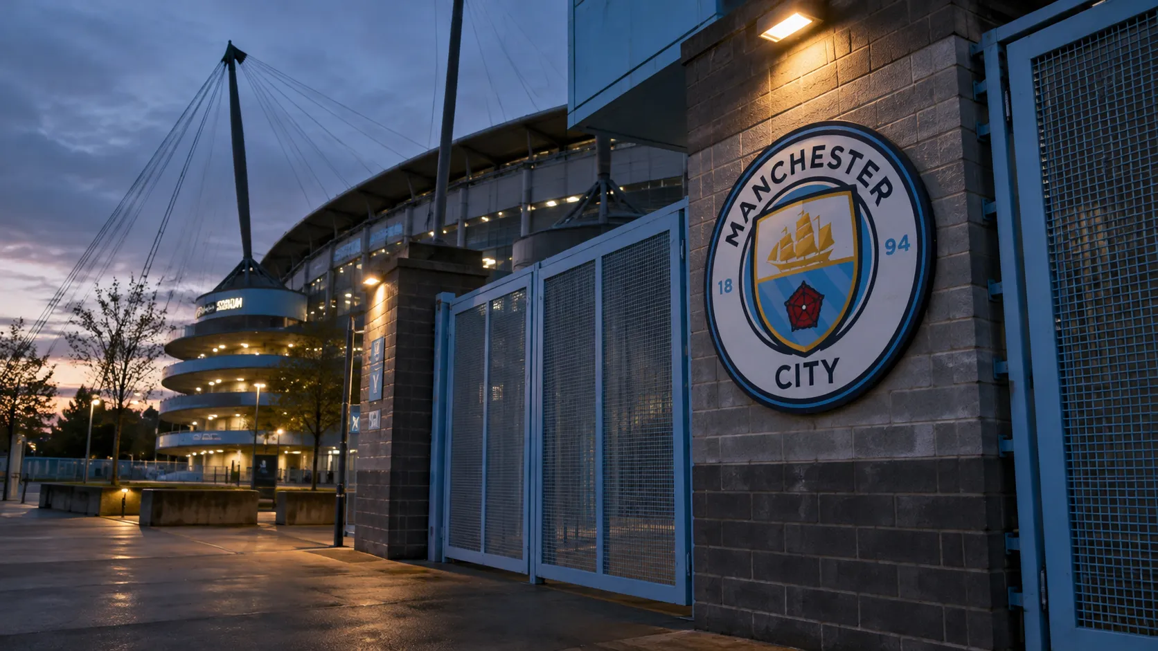 Lege toegangspoort van het stadion van Manchester City met een clubembleem op de gevel.