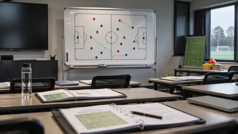 Een lege lesruimte voor een trainersopleiding met een tactisch voetbalbord en cursusmateriaal.
