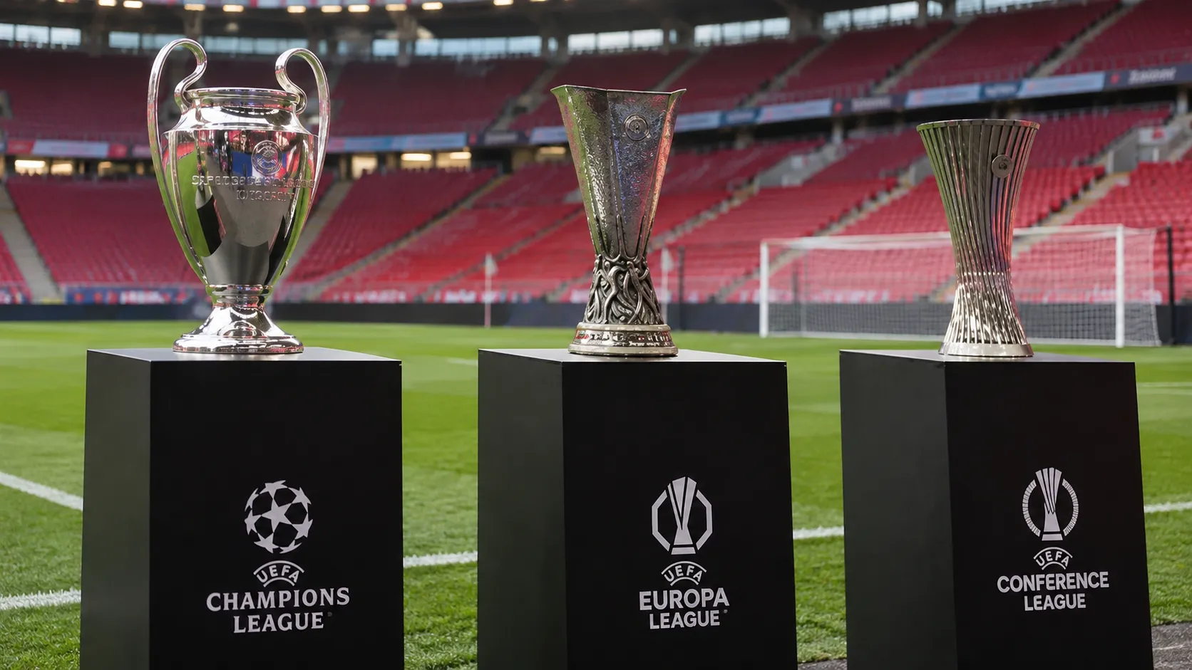 Drie Europese voetbaltrofeeën op zwarte sokkels langs een grasveld in een stadion.