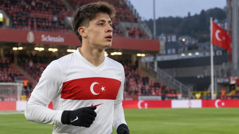 Arda Güler tijdens de opwarming met Turkije op het veld van Sclessin.