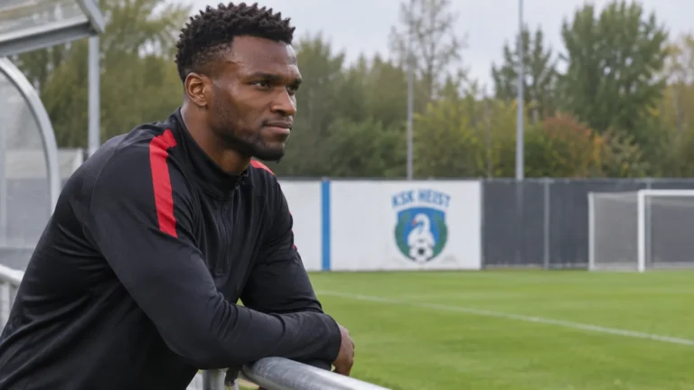 Obbi Oulare in neutrale sportkleding naast het trainingsveld van KSK Heist.